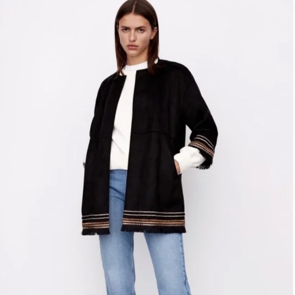 ZARA NWT Faux Suede Fringe Embroidered Open Front Jacket Boho Western XXL - Picture 2 of 13